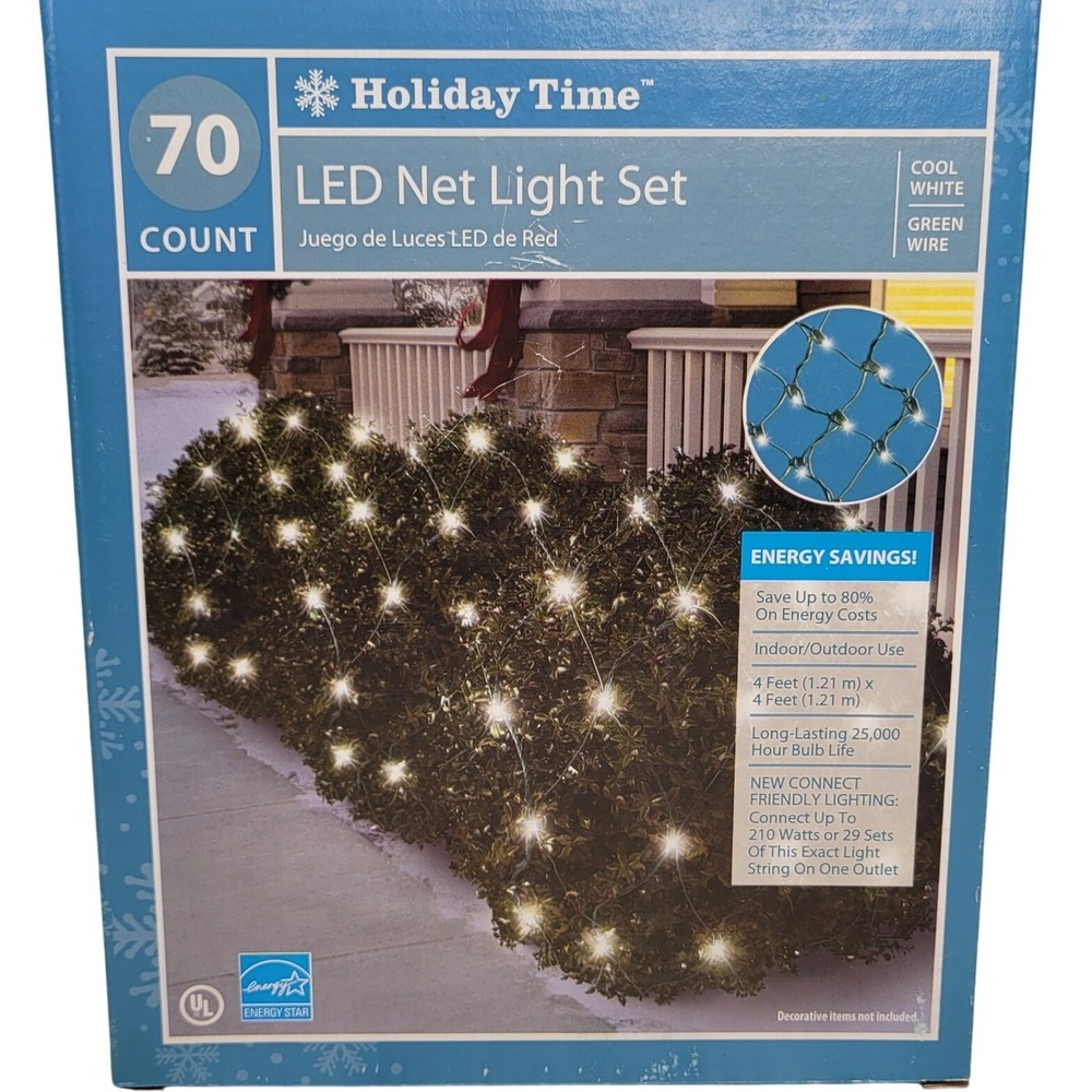 Holiday Time LED Net Light Set Cool White 4x4ft 70 Count Green Wire Walmart New